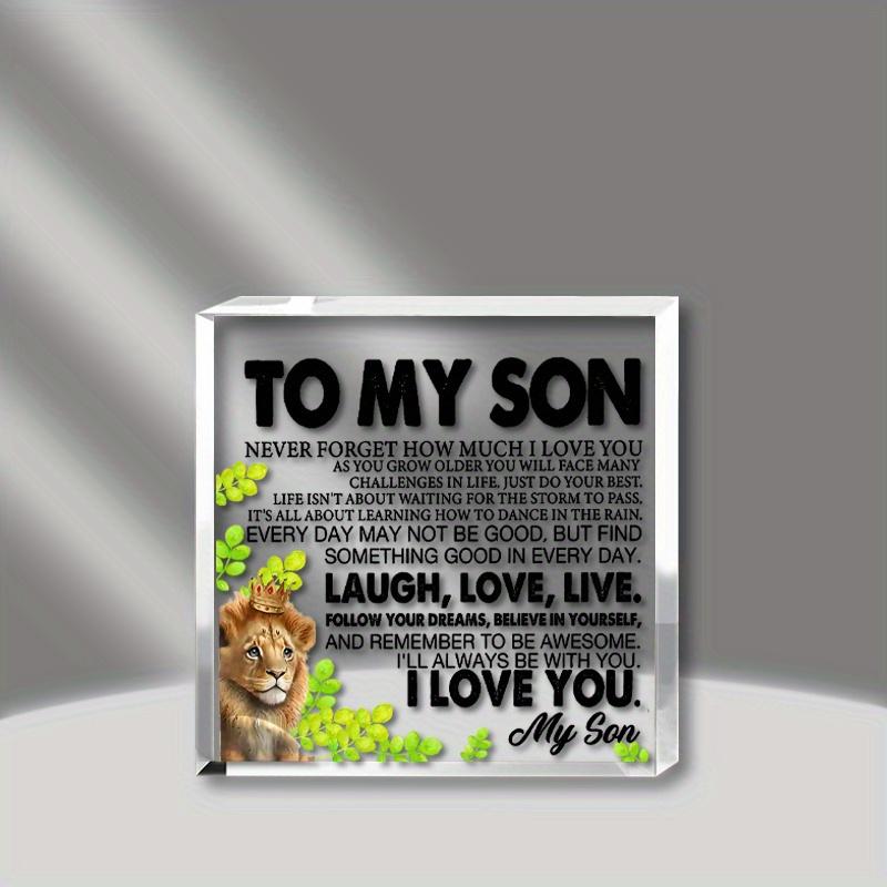 Памятная настольная табличка для сына - Дизайн со львом, Вдохновляющее послание от отца к сыну, Декоративная табличка из прозрачного акрила, Идеально для дня рождения, Рождества, Выпускного