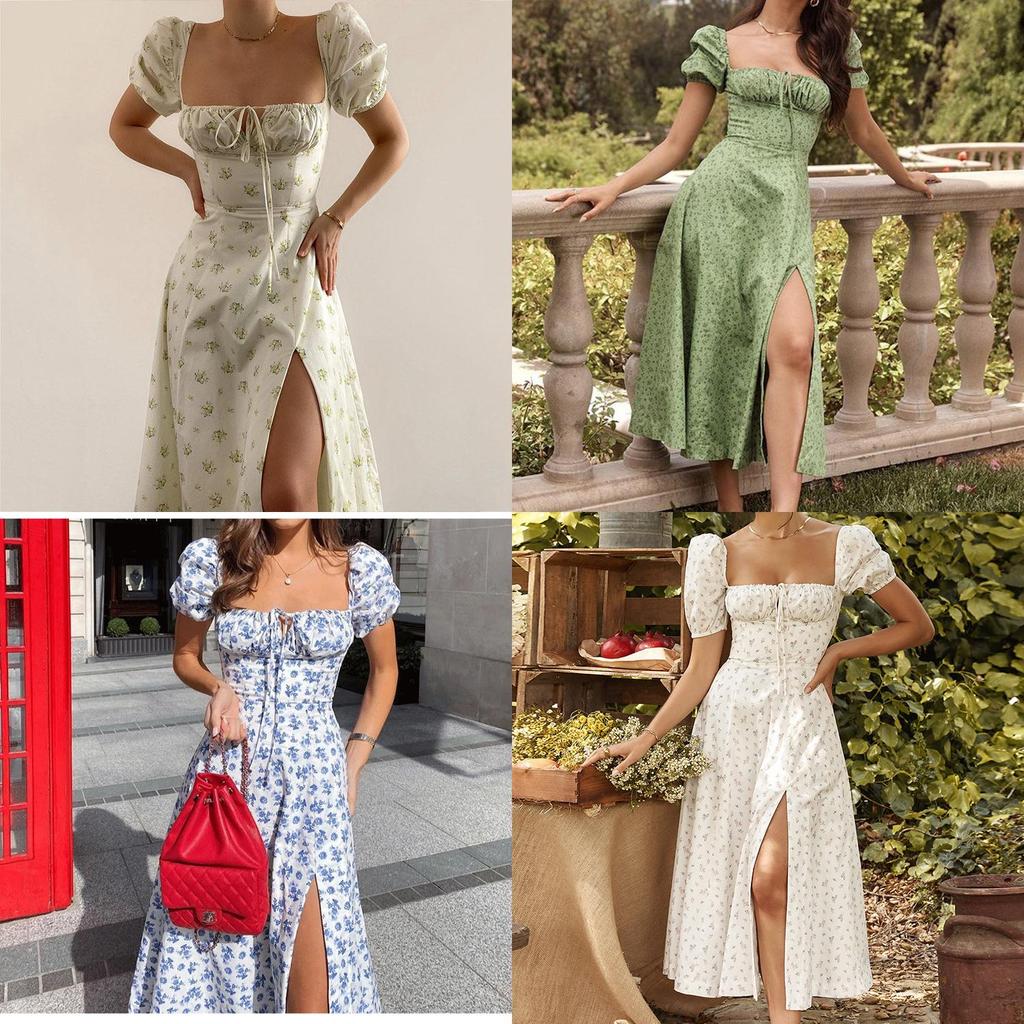 French Floral Print Sleeveless Midi Dress With Side Slits For Summer Casual Women