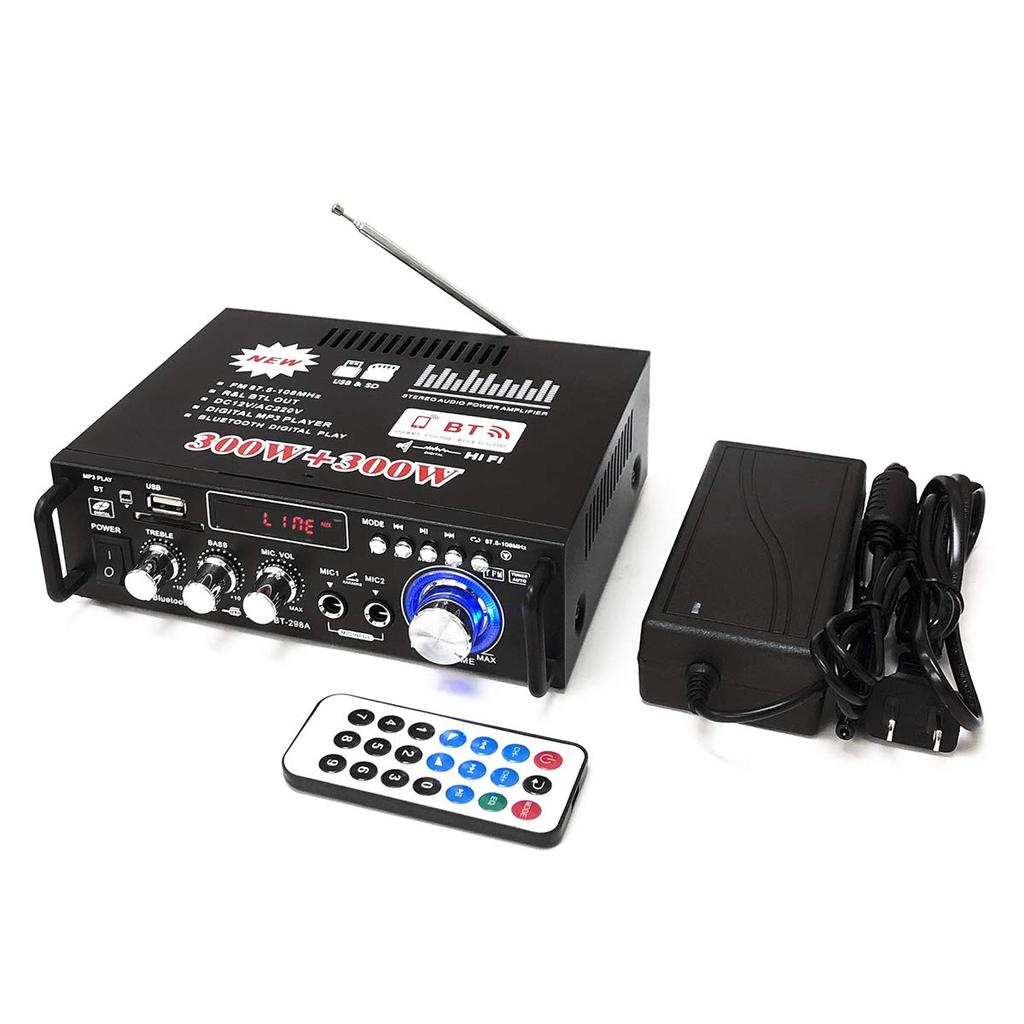 2ch High Output Audio Compact Effective Maximum Output 300W Bluetooth Connection Card Playback Stereo Power Microphone Input 12V 5A Adapter Included