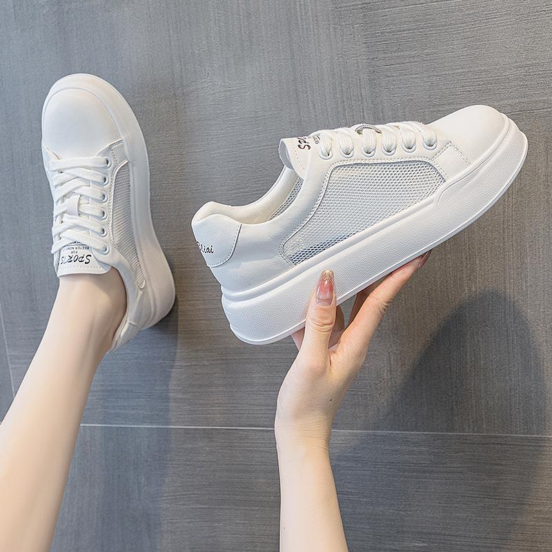 Кожаные белые туфли женские новые летние дышащие сетчатые туфли универсальные спортивные белые повседневные кроссовки мода