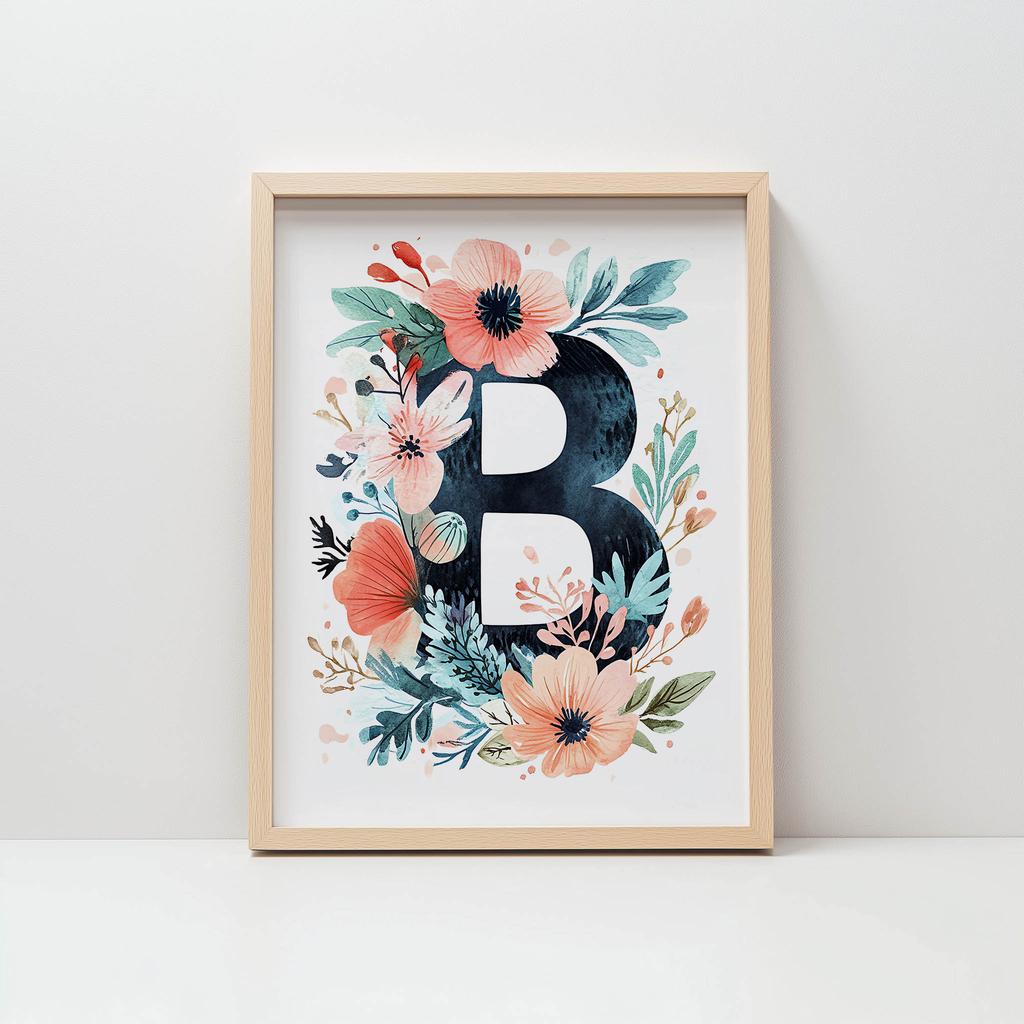 Plakat Litera "B" Otoczona Kolorowymi Kwiatami Plakat Litera "B" Otoczona Kolorowymi Kwiatami, 50X70 Cm, Rama Drewniana Jasny Dąb, Papier Matowy 230 G