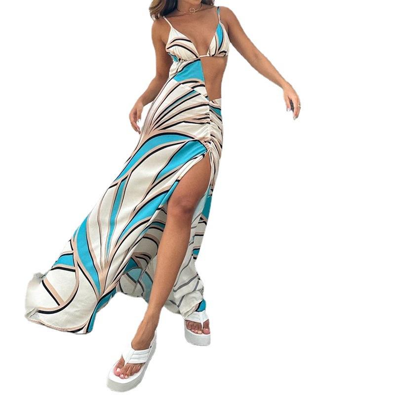 Летнее длинное платье с открытой спиной и разрезом на бретельках в европейском и американском стиле