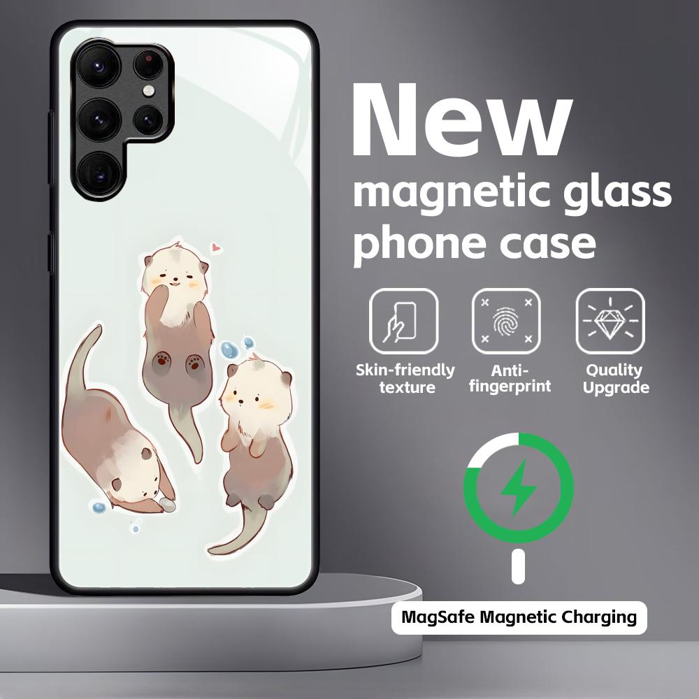 Милый Чехол для Телефона с Выдрой Для Samsung S26 S25 S24 S23 S22 S21 Plus Ultra Note20 Стеклянный Магнитный Чехол