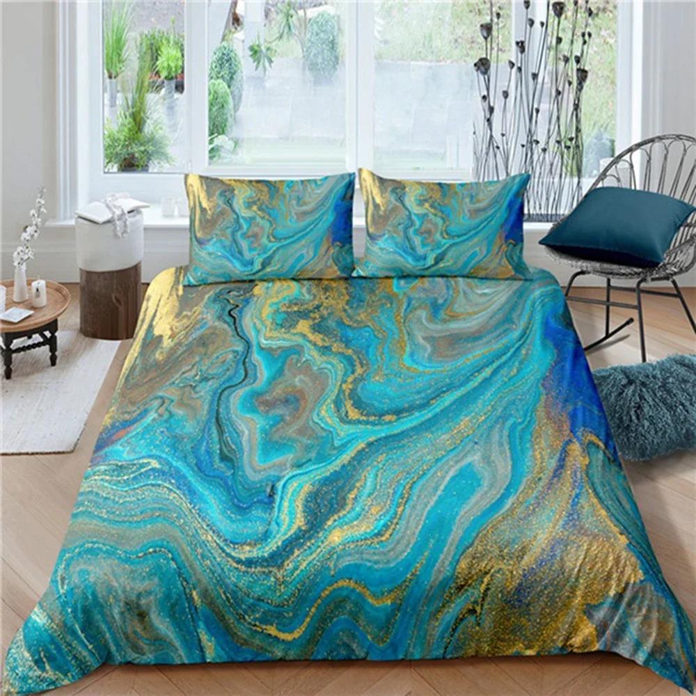 Пододеяльник Chic Marble Duvet Cover Microfiber Mint Gold Glitter Turquoise Комплект постельного белья Abstract Aqua Blue Quilt Cover Single Twin Full Size