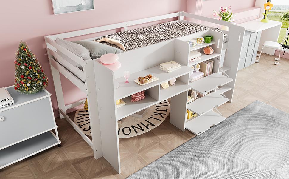 Half-high bed, 90x200 cm, house shape, multiple storage compartments, entertainment area under the bed, without mattress, white