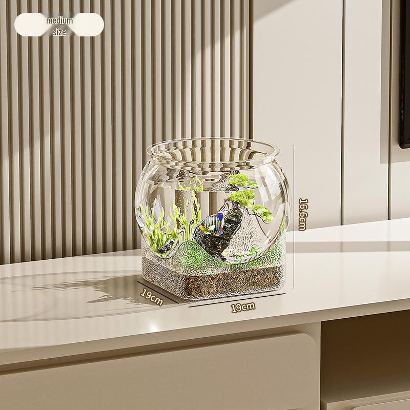 Compact Desktop Ecosystem Tank: Round Bottom, Ideal for Living Room or Study, Includes Decorative Micro Landscape and Small Fish Aquarium.