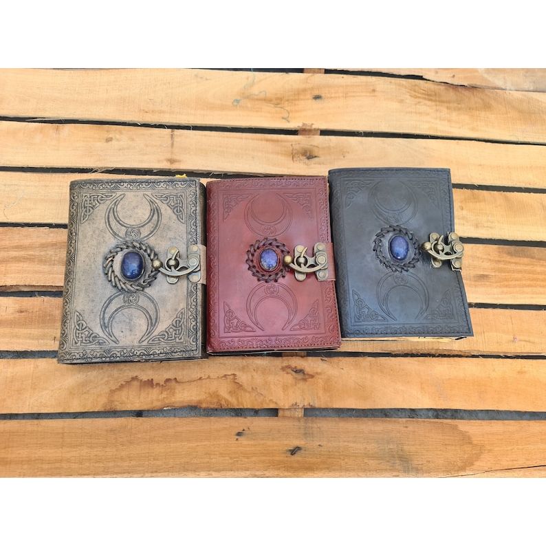 Pack Of 3 Book of Shadows, Leather Journal, Triple Moon Journal, Third Eye Crystal Stone, Gift for Him, Gift for Her, Leather Grimoire