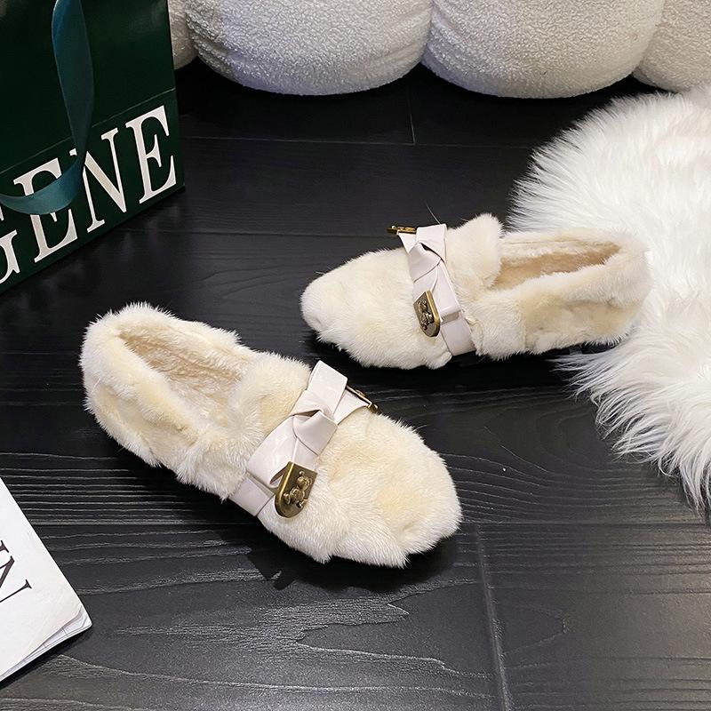 Зимние женские мокасины в корейском стиле из меха норки с бантом 2023 года: Теплые туфли на плоской подошве без застежек