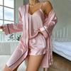 Simple Satin Pajama Set Long Sleeve Belted Robe V Neck Cami Top and Shorts Women's Sleepwear