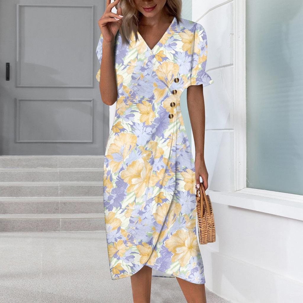 Пляжные платья для женщин, весна-лето, элегантное платье с V-образным вырезом и цветочным принтом в стиле бохо, струящееся гавайское платье макси с рюшами