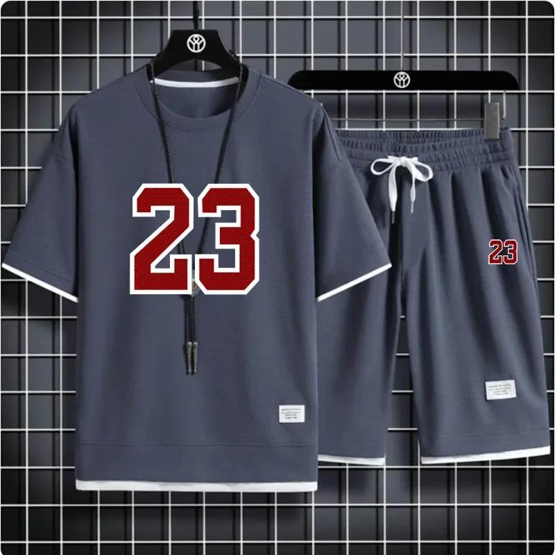 Мужской комплект из шорт с вафельным принтом, 2 шт. свободного кроя, спортивный костюм, стиль Харадзюку, летняя мода