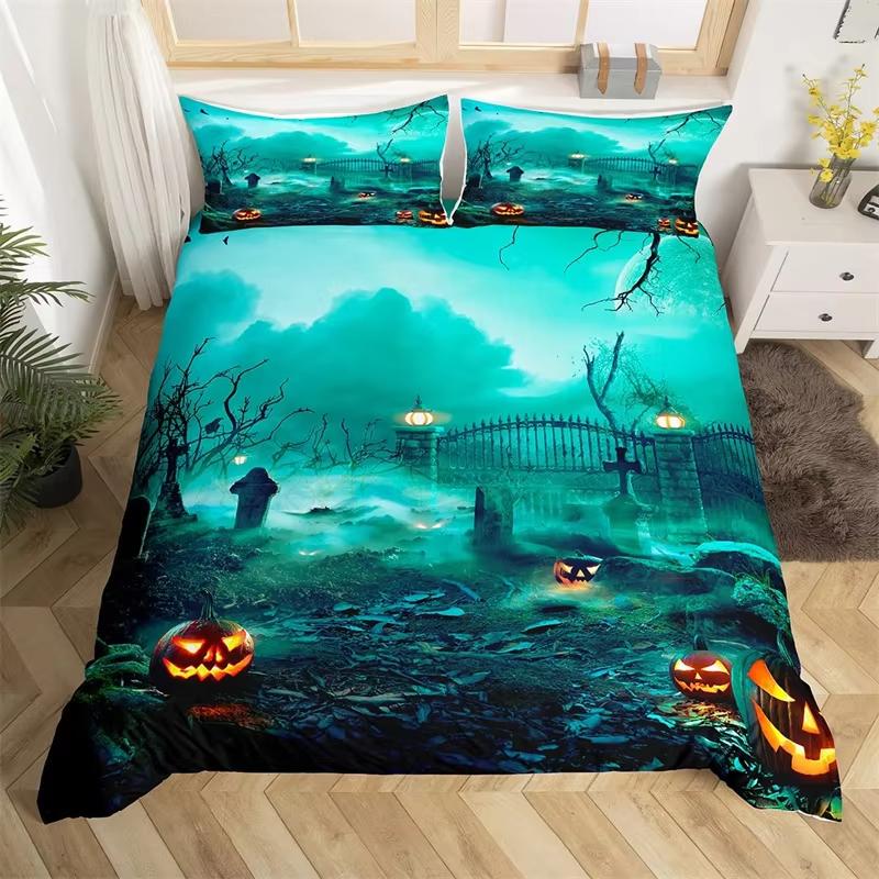 Детский набор пододеяльника с тыквенным фонарем Твин Кинг Хэллоуин Постельное белье Набор из микрофибры Ведьма Мистика Кладбище Принт Пододеяльник