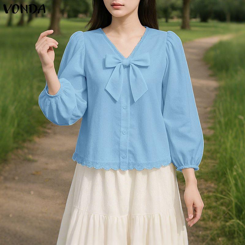 VONDA Women Puff Long Sleeve Lace Hem Bow Knot Casual Blouse Tops