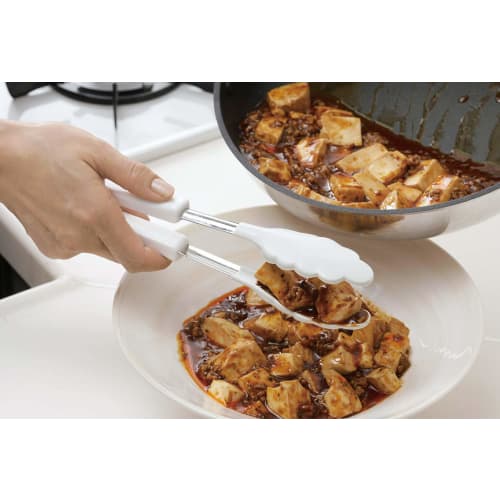 Shimomura Kihan Silicone Tongs, Made in Japan, Won't Scratch Frying Pans, Dishwasher Safe, Suitable for Deep Frying, Easy Grip, Heat-Resistant, White,