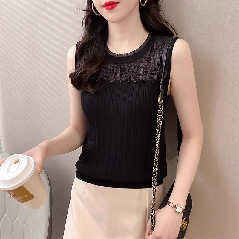 Летний женский сетчатый пэчворк топ-майка без рукавов в рубчик, облегающий топ-камисоль