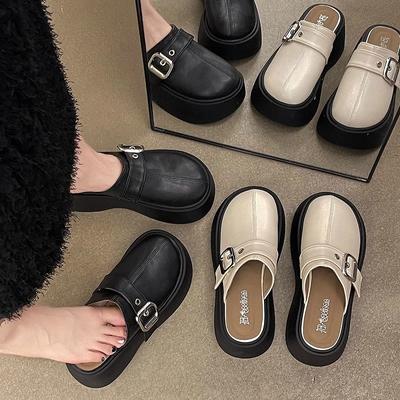 Французская пряжка ремня нескользящая голова сумки полутапочки женские 2025 новый летний высокий толстый низ верхняя одежда сандалии на одном педале прилив