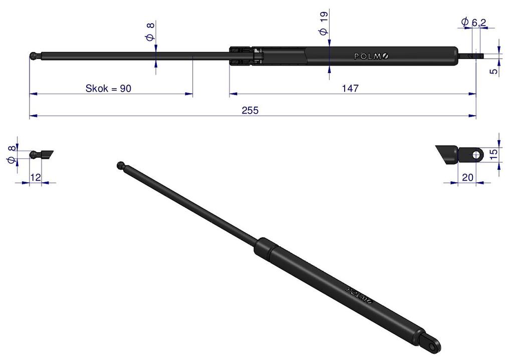 Siłownik Szyberdachu L Max. 255Mm 65417046 Fiat Polmo
