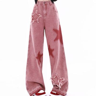 Американские джинсы в стиле ретро с пятиконечной звездой и необработанными краями, свободные широкие джинсы для женщин, выглядят тонкими, модные универсальные женские брюки для мытья полов