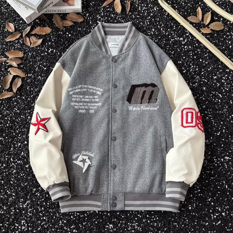 Unisex Oversized Baseball Jacket With Patchwork Embroidery Casual Streetwear Fall