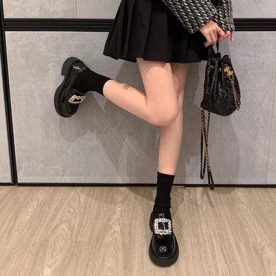 Версия из высококачественной коровьей кожи~ лоферы с круглым носком, стразами, квадратной пряжкой, толстой подошвой и толстым каблуком, женские туфли из маленькой кожи