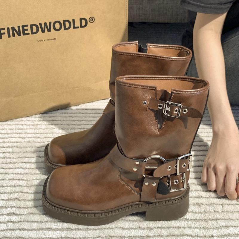 Женские ботинки Мартин на массивном каблуке в британском стиле 2025 года - Ретро квадратный носок, слипоны, ботильоны и ковбойские сапоги для верховой езды