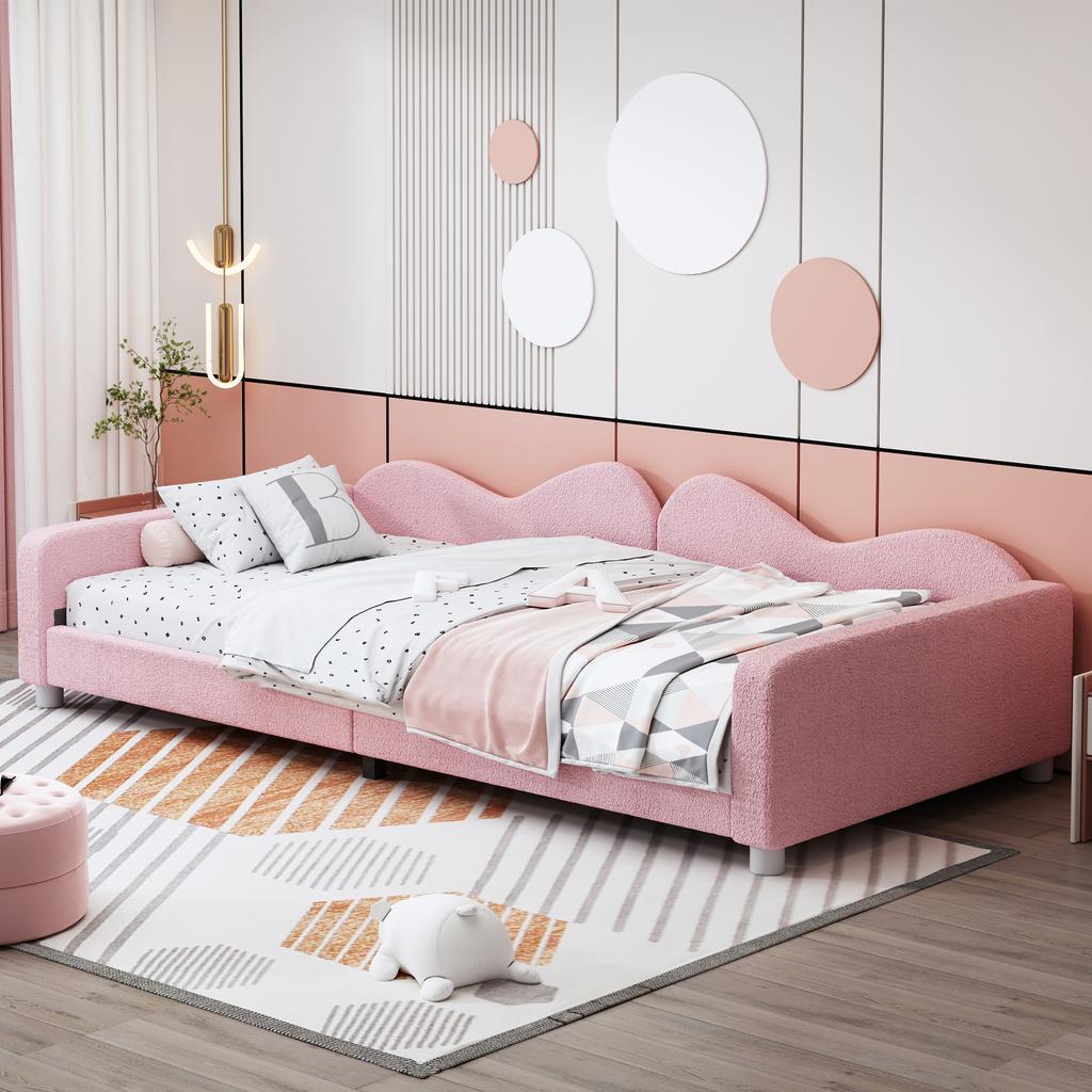 Children's Bed Upholstered Bed 90*200cm, Sofa Bed Bed Frame Teddy Fabric Multifunctional Soft Bed with Backrest and Armrests Youth Bed Guest Bed Pink