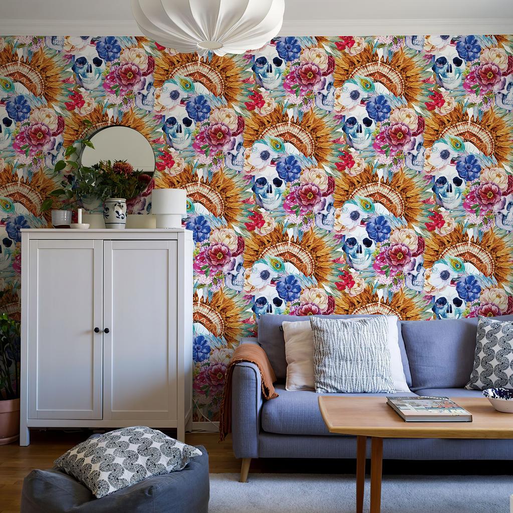 Красочные Черепа Цветочные Хэллоуин Обои Шикарный Желтый Цветок Самоклеящиеся Фестивальный Декор Стен Скелеты Наклейка на Шкаф