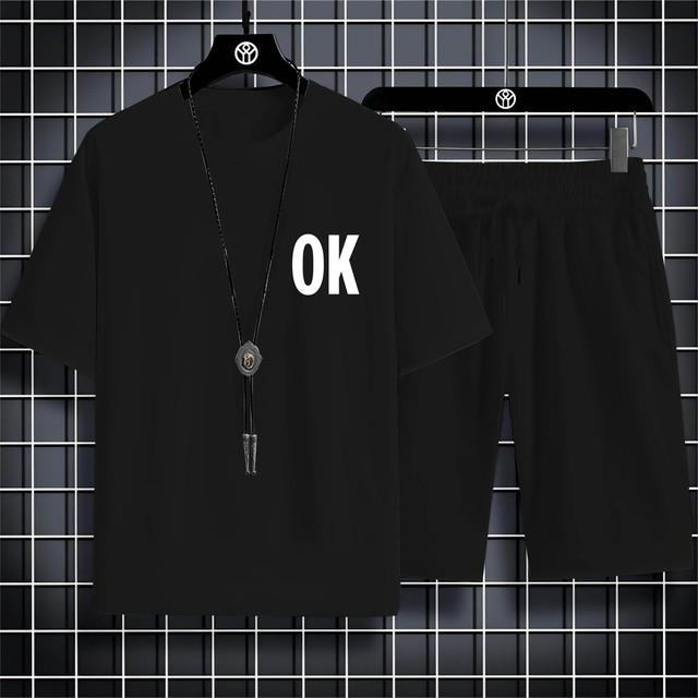 Four Seasons New Outdoor Sports Style 2d Letter Ok Printed Men'S O-Collar Comfortable Breathable Casual T-Shirt Set Quick Drying