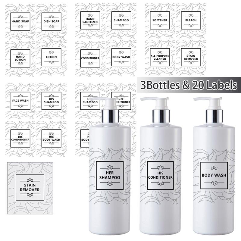 Многоразовая круглая бутылка с насосом, 500 мл, с водонепроницаемыми этикетками для кухни, ванной комнаты, бутылки для шампуня и кондиционера в отеле