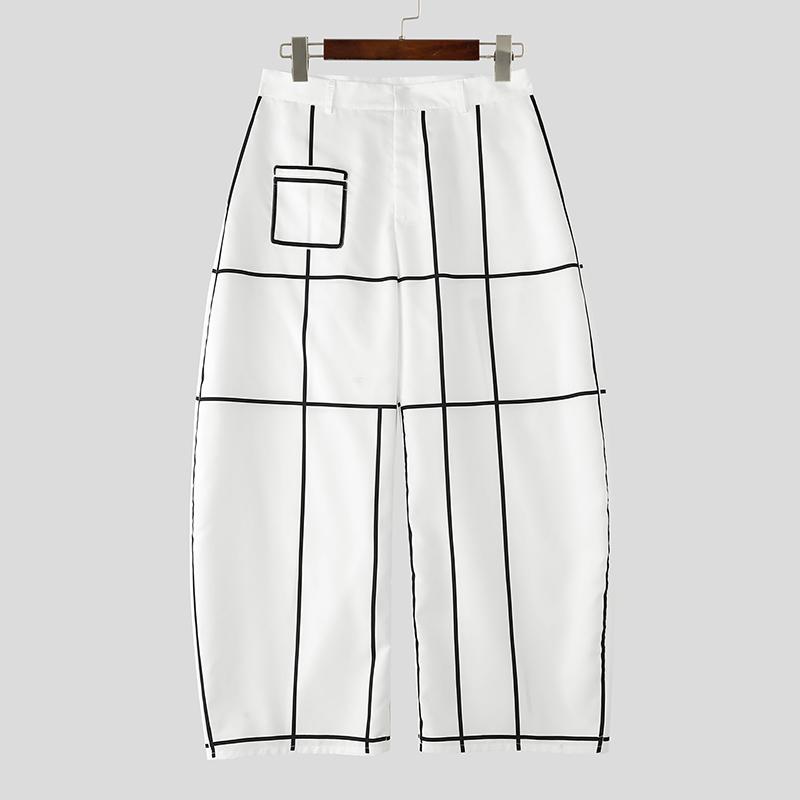 INCERUN Мужские брюки оверсайз на молнии с боковыми карманами на талии, клетчатые, повседневные, свободные, длинные