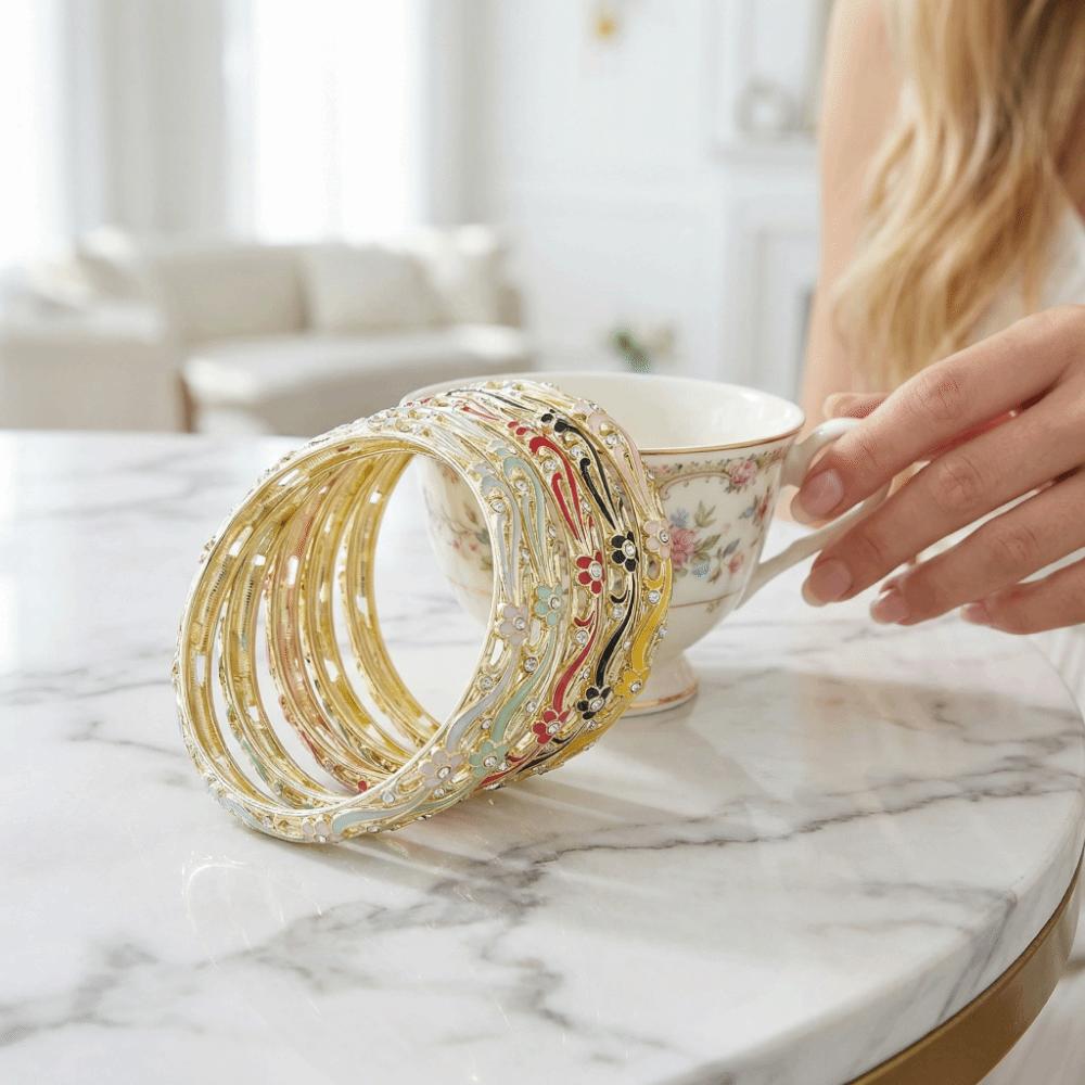 Enamel Vintage Cloisonne Bangle Traditional Women's Hand Bracelet Flower Crystal Bangle Girls