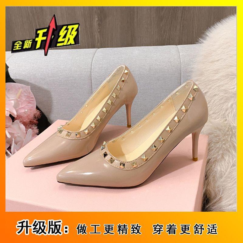 Rivet Beautiful High Heels Women's 2025 New French Design Patent Leather Niche Stiletto Shoes Pointed Temperament Single Shoes