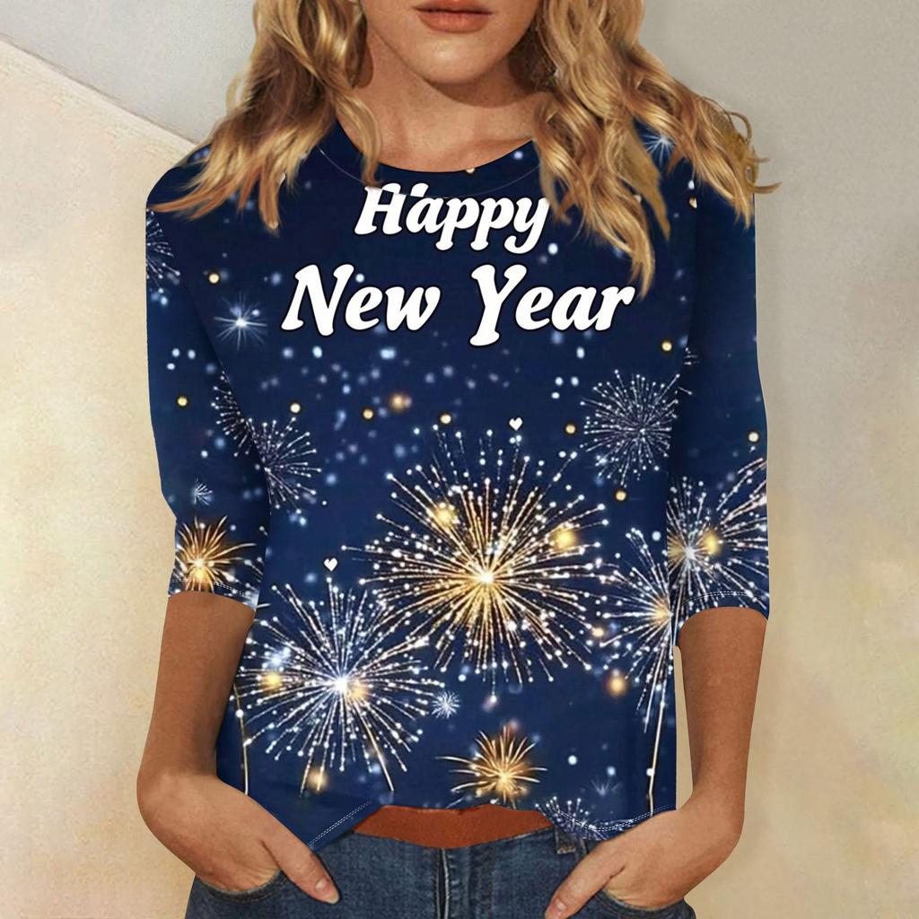 Women's Fashion Casual Three-quarter Sleeve New Year Printed Round Neck Top New Year 2025
