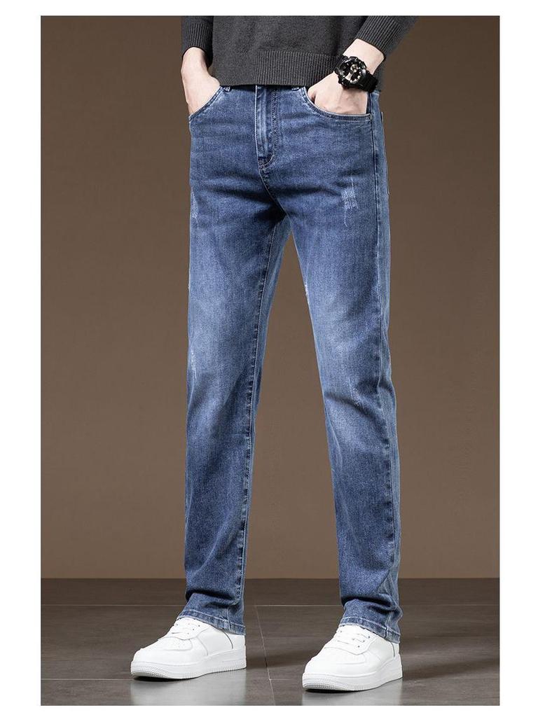 Men's Slim Fit Straight Leg Jeans - Whiskered Washed Long Pants for Autumn/Winter 2025