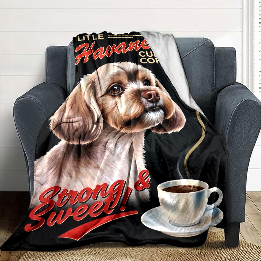 Vintage Havanese Dog And Coffee Cup Poster Print Flannel Blanket Black Background Retro Art Soft Throw Blanket Pet Lover Home Decor