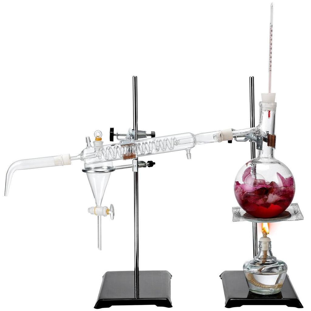 Essential Oil Distillation Kit, 500ml Distillation Apparatus, 3.3 Boro Lab Glassware Distillation Kit with Alcohol Lamp, Ceramic Mesh and 24, 40