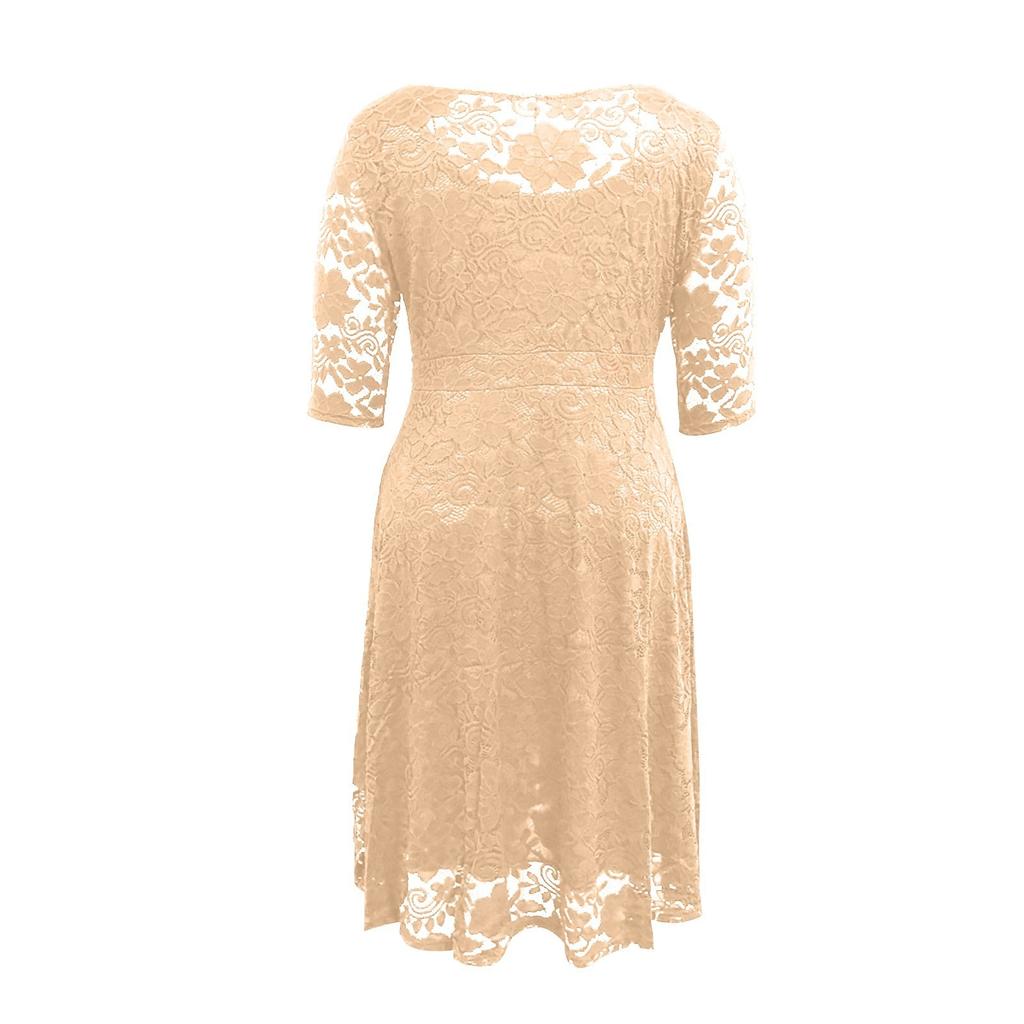 Women's Temperament Three-quarter Sleeve Lace Casual Solid Color O-Neck Plus Size Dress