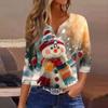 Women's Fashionable Casual Christmas Printed V-neck Three-quarter Sleeve Decorated Button Top