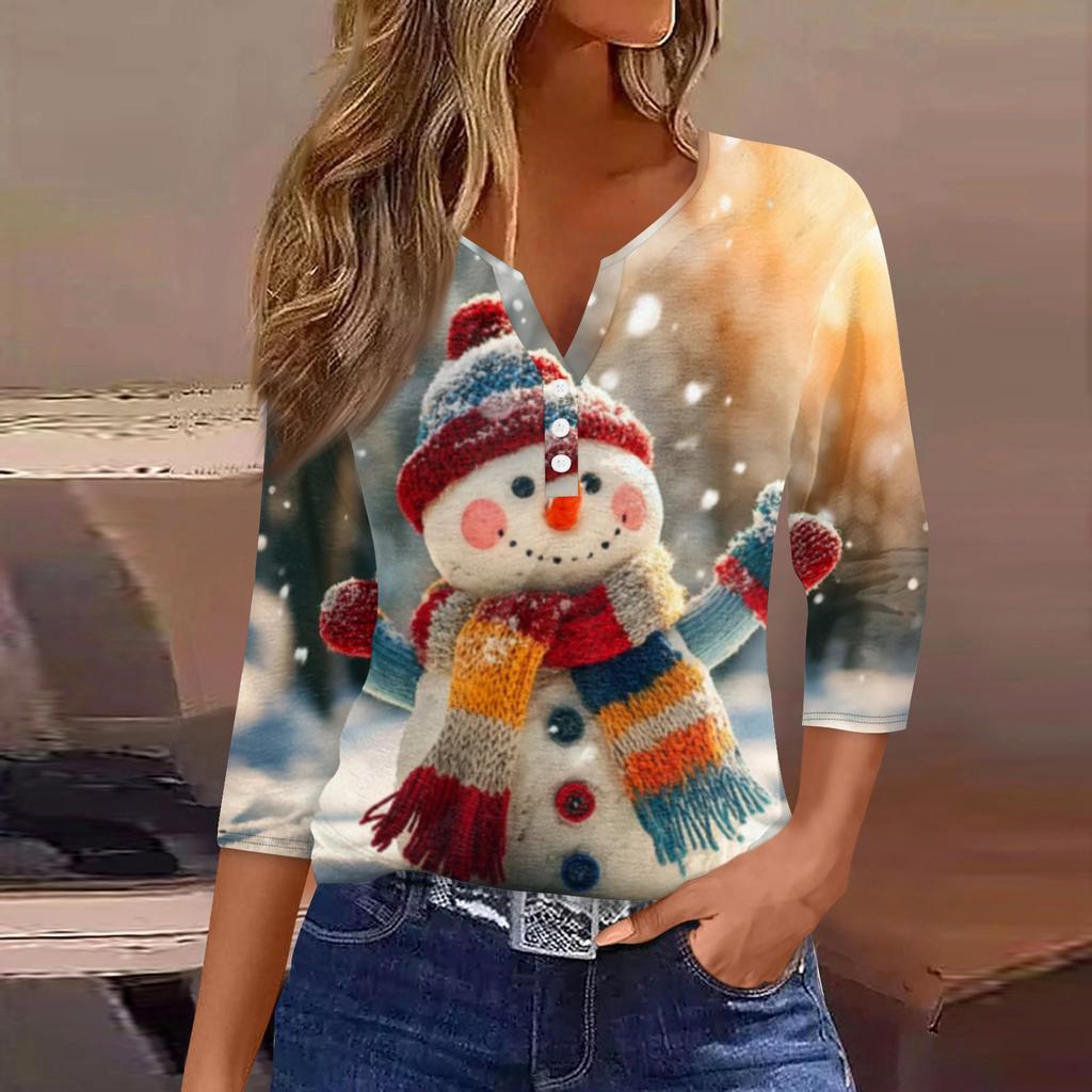 Women's Fashionable Casual Christmas Printed V-neck Three-quarter Sleeve Decorated Button Top