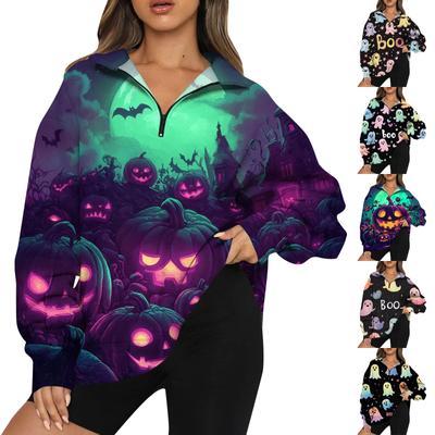 Женская мода повседневная толстовка с длинным рукавом и принтом на молнии с высоким воротом и заниженными плечами