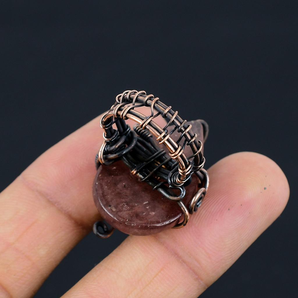 Natural Strawberry Quartz Gemstone Copper Wire Wrap Gift Ring Size 5.5 G5K84