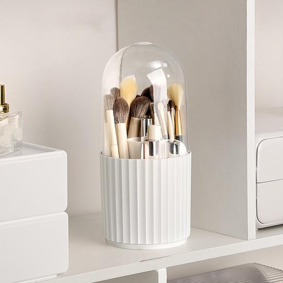Makeup Brush Holder Transparent Dustproof Large Capacity Multi-compartment with Lid 360-degree Rotating Makeup Brush Display Case Office Supplies