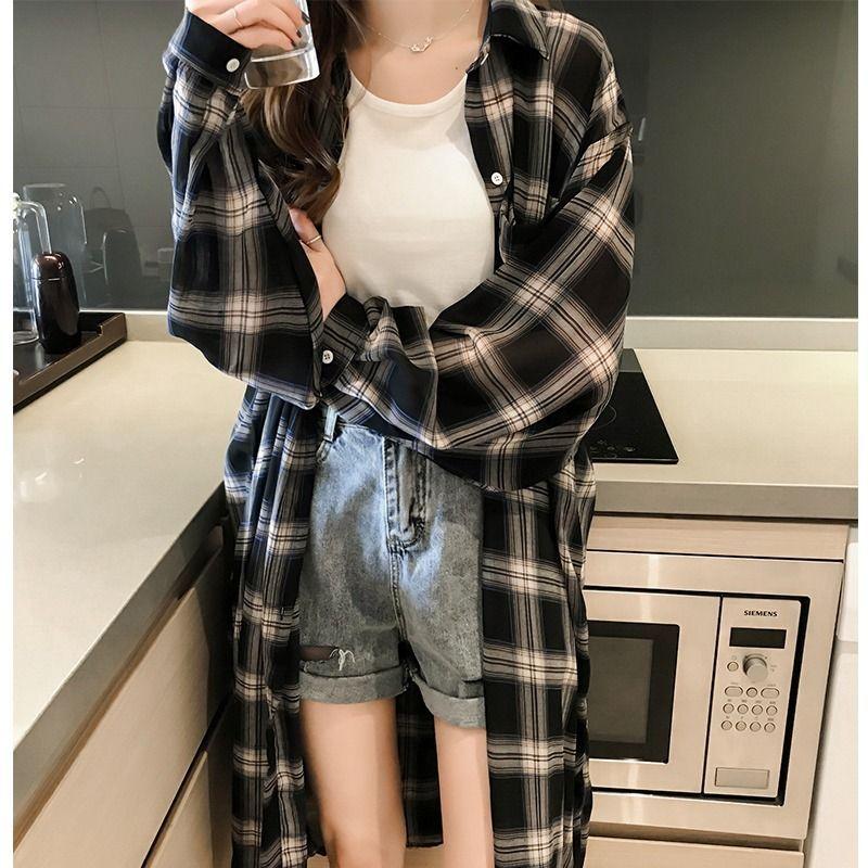 Summer Coat Loose Top Plus Plaid Mid Length Long Sleeved Cardigan Thin Cut Sun Protection Shirt Shirt
