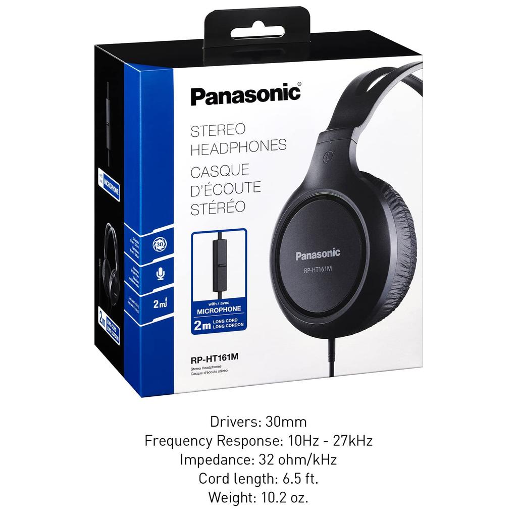 Panasonic Lightweight Wired Headphones with Sound and XBS Extra Long for Mobile Phones and Laptops Over-Ear Microphone, Bass, Cord, 3.5mm Jack, -