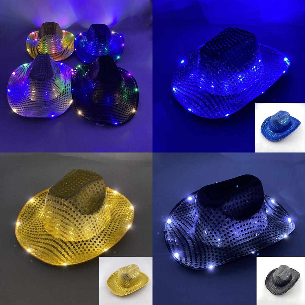 Four Color Led Light Up Western Cowboy Hat With Sequin Pattern For Party Cosplay Stage Performance
