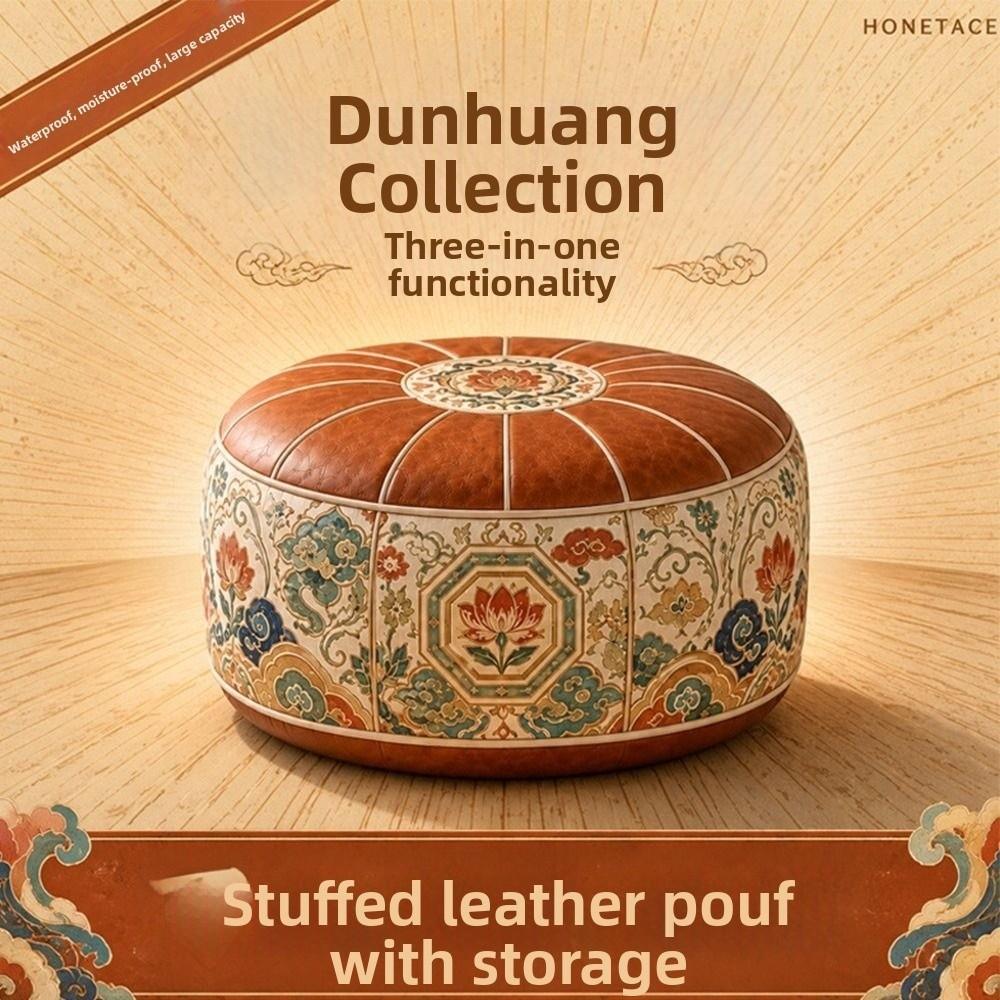 PU Leather Ottoman Pouf Boho Pattern Storage Ottoman New Storage Bench Bedroom Use