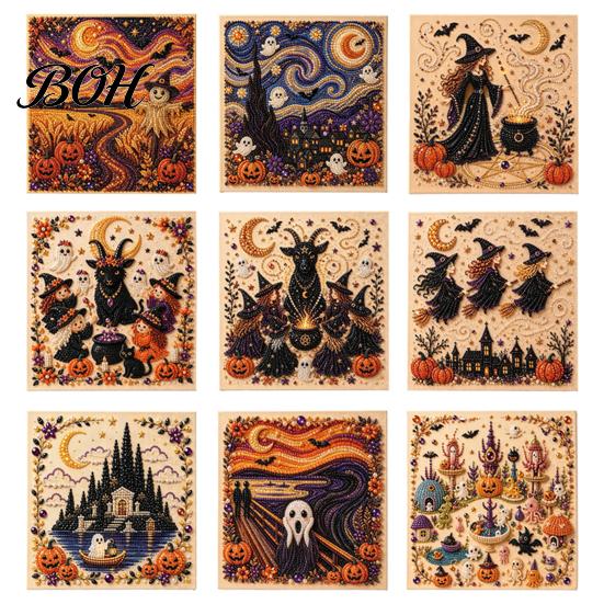 Fall Holiday Decoration Halloween Faux Pearl Art DIY Kit, 3D Bead Embroidery Craft Set, Spooky Handmade Ghost Pumpkin Goat Witch Wall Art, Seasonal