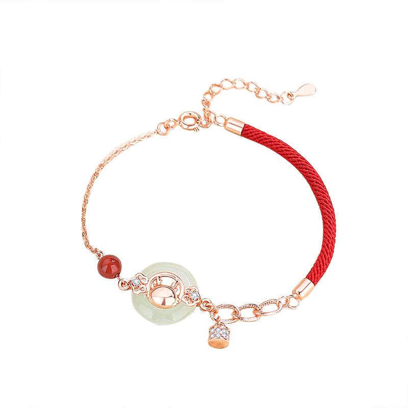 Ping An Buckle The Year of The Loong Red Rope Bracelet Female Sterling Silver New Chinese China-Chic Life Year Hetian Jade Hand Rope