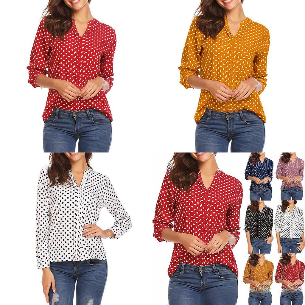 Womens Long Sleeve Dot Print Cotton Linen Shirt With U Neck For Casual Office Wear