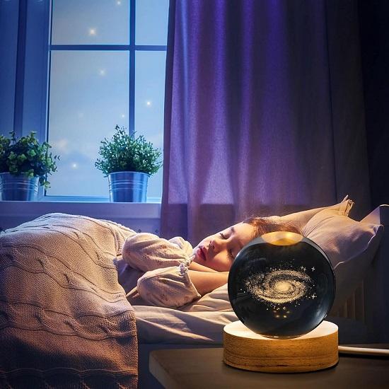 3D Galaxy Crystal Ball Night Lamp,Creative Engraved Crystal Ball Night Light, USB Table LED Wooden Crystal Ball for Home Office Decoration